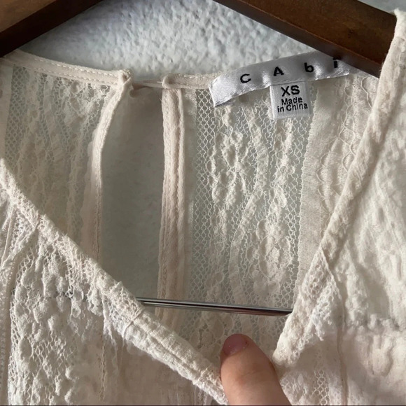 CABI Ecru Lace Blouse XS Sheer Feminine Romantic Textured Boho Chic - Picture 5 of 13